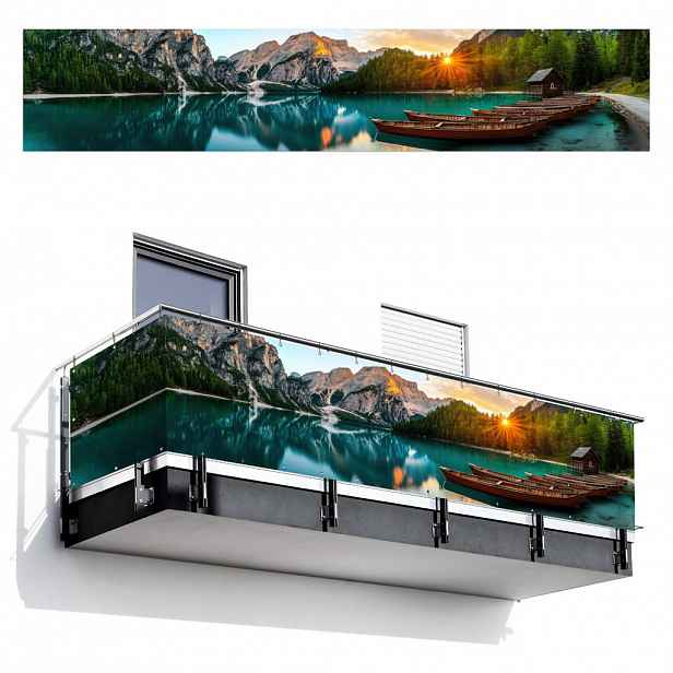MuchoWow BALKONOVÁ ZÁSTĚNA Jezero - Hory - Západ slunce - Loď 500x95 cm