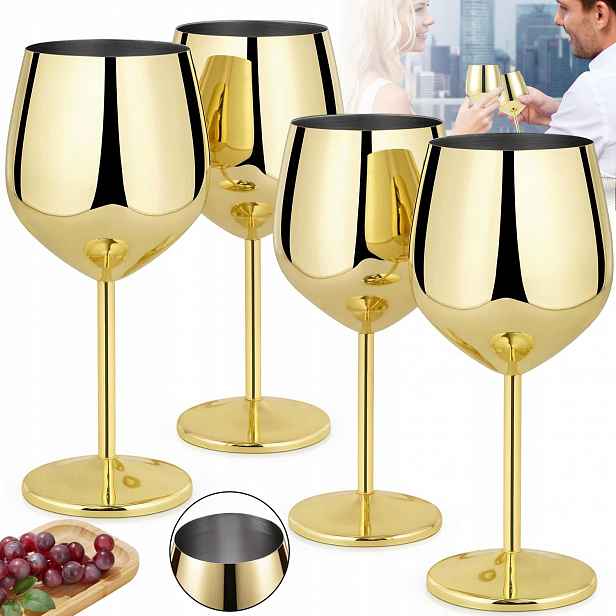 Skleničky Na Víno Zlaté Ocelové Kovové Sada 4 Ks 500ML Nerozbitné