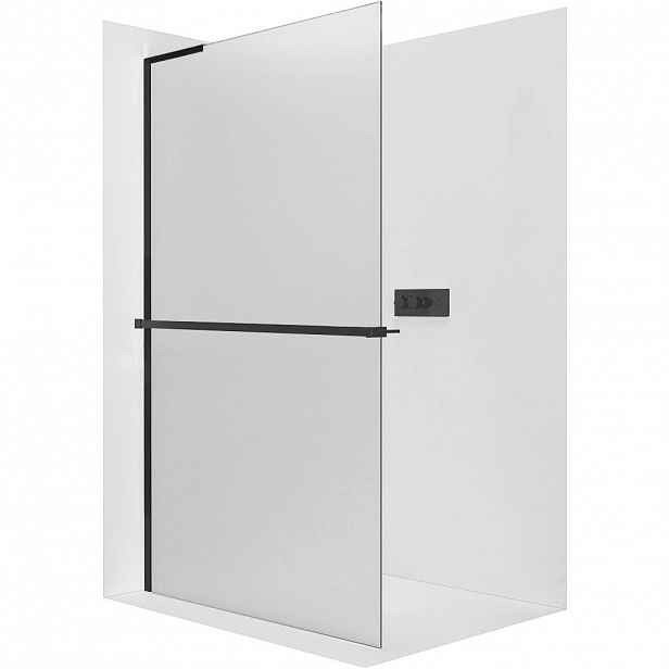 Sprchová zástěna Walk-in Onyx L-levá vzpěra - 8 mm + polička/držák na ručníky - černá matná, mléčné sklo - 160x200 cm