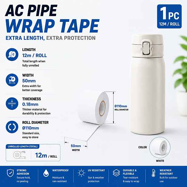 TEMU Ochranná páska trubky 12M X 50Mm, izolační páska na HVAC trubky, ochranná páska na měděné trubky, voděodolná, UV odolná, venkovní sada pro