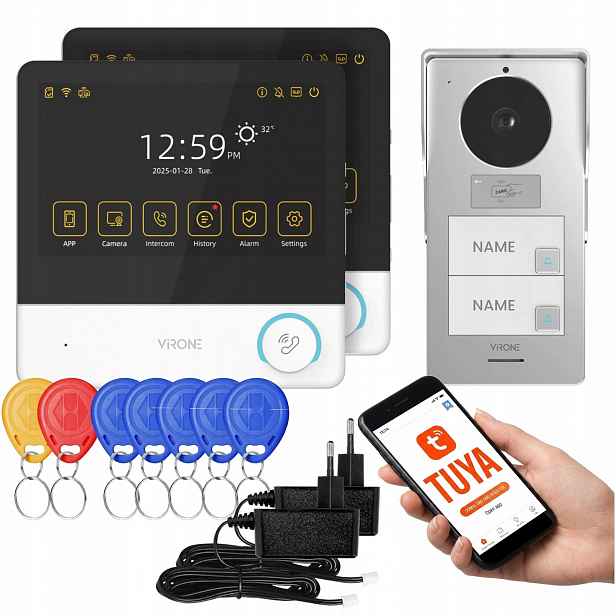 Dvourodinný videodomofon Avoni Multi Qhd ovládání Tuya Wi-Fi Rfid klíčenky