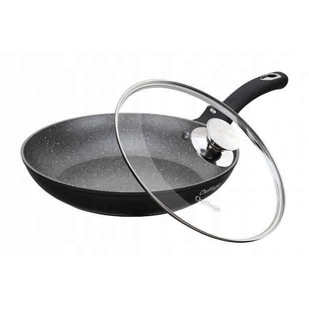 Pánev Cheffinger 28 cm s víkem, tradiční mramorová povrchová úprava, černá