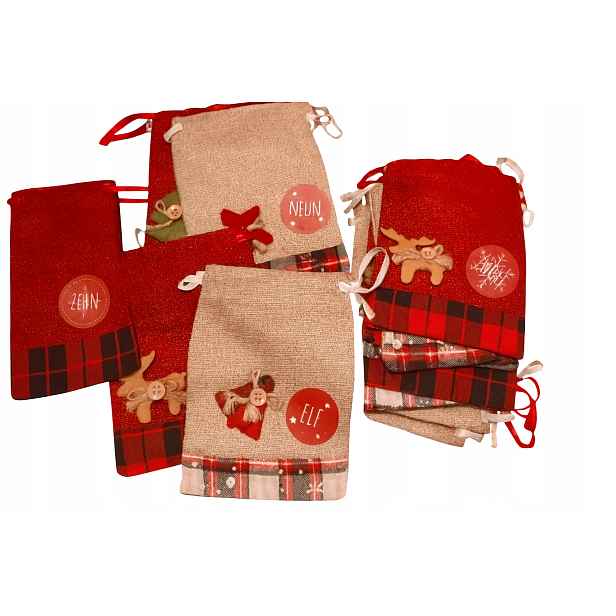 Sada sáčků na adventní kalendář juta 4 vzory 13,5 cm x 17,5 cm 24 ks