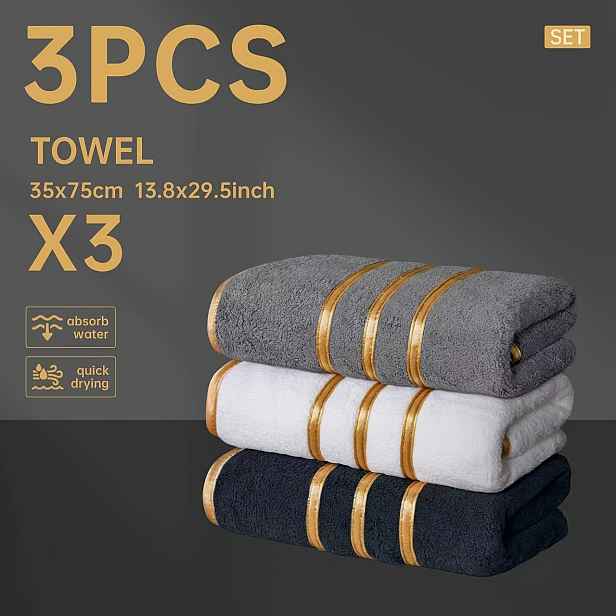 TEMU Luxusní 3dílná sada ručníků se zlatým lemem, Ultra měkká savá mikrovlákna, Kvalita hotelového spa, Rychleschnoucí, Odolné proti vyblednutí,