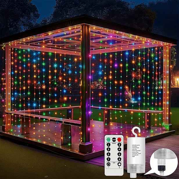 TEMU Závěsná LED světla na baterie 600LED 20x10ft, vícebarevná závěsná světelná girlanda na baterie pro interiér s dálkovým ovládáním, barevná