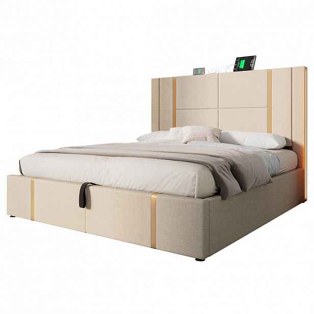 WISHDOR ČALOUNĚNÁ postel 160 × 200 cm v béžové barvě z lnu s úložným prostorem, LED osvětlením, USB a Type-C
