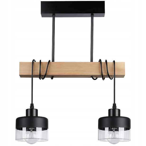 Závěsné stropní svítidlo Led lustr 2x E27 svítidlo Loft Dřevěná skleněná lampa
