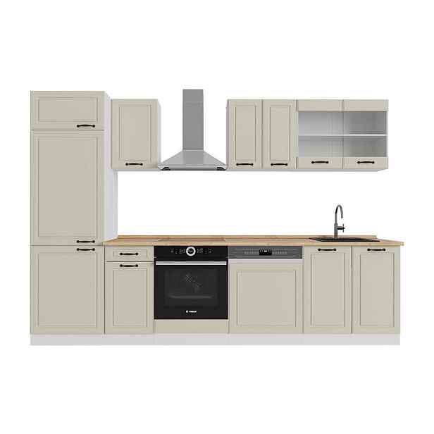 Vicco KUCHYŇSKÝ KOUT R-Line, Písečná venkovský dům/Bílá, 300 cm pracovná doska Dub Goldkraft