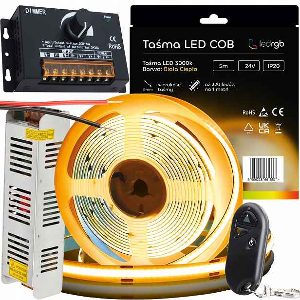 Sada Led pásků Neon Cob 24V 5 m 3000 Bílý Teplý Napájecí Zdroj Knoflík Dálkový Ovladač