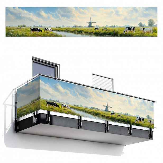MuchoWow BALKONOVÁ ZÁSTĚNA Krávy - větrný mlýn - louka - modrá 500x95 cm