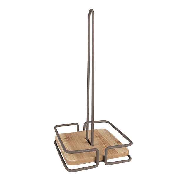 Hnědý kovový držák na kuchyňské role s dřevěným dnem Vi - 15*15*32 cm Clayre & Eef