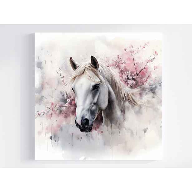 Obraz Na Plátně Canvas Bílý Kůň Růžové Květy Hříva Portrét 50x50