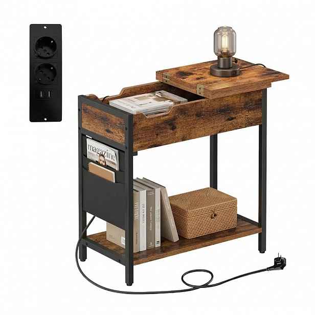 Relaxdays ODKLÁDACÍ STOLEK Vintage hnědý se zásuvkou USB
