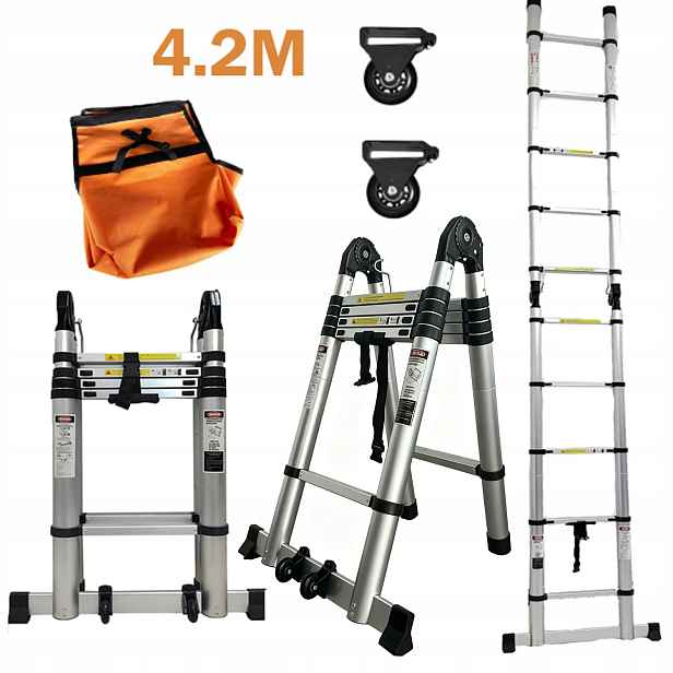 Teleskopické hliníkové schůdky 4,2 m, 2v1, nosnost 150 kg s kolečky