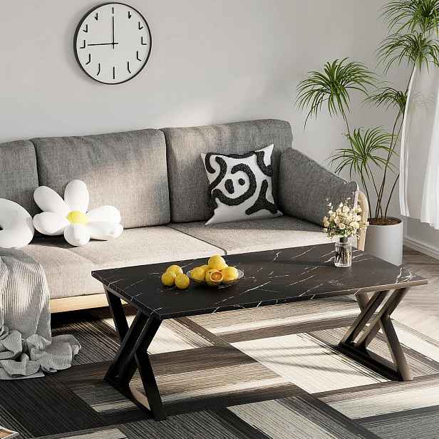 Konferenční stolek Lavička do obývacího pokoje Černý mramor Loft 100x48x45 Kovové nohy
