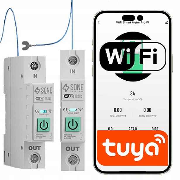 Relé Tuya WiFi 63A na Din lištu, externí kabel N, měření energie