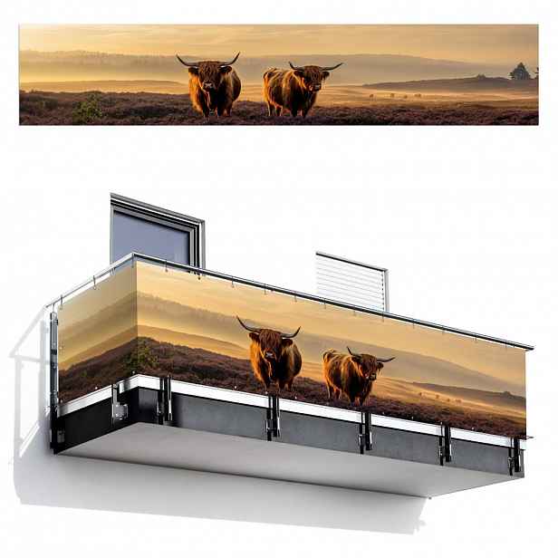 MuchoWow BALKONOVÁ ZÁSTĚNA Skotští horalé - Vřesoviště - Krajina - Zvířata 500x95 cm