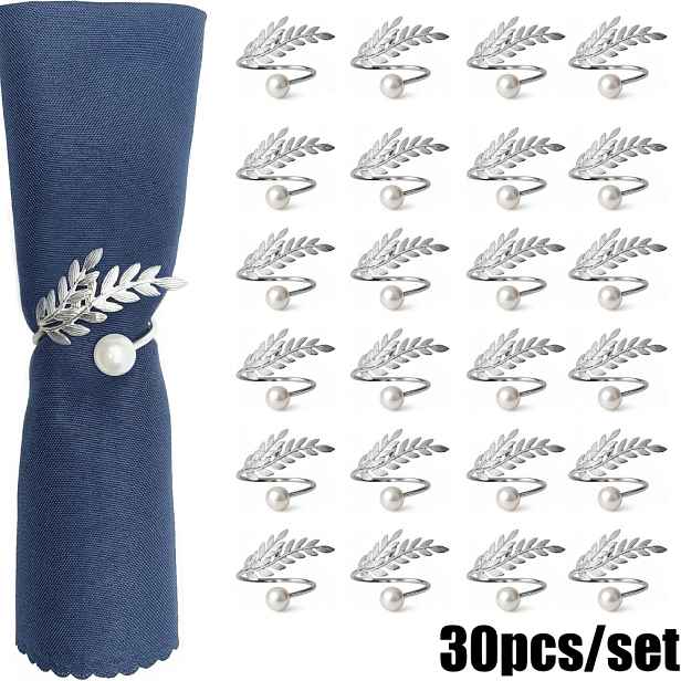 TEMU Sada 30 kroužků na ubrousky s perlami a zlatými/stříbrnými - Elegantní svatební dekorace stolu, Okázalé doplňky na sváteční večeři, bílou a