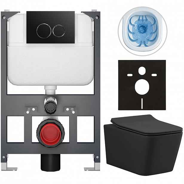 Kompletní WC set Basic/Forte - černá matná - WC tlačítko Dualo/Černá - závěsné - nízký modul - předstěnová instalace - 51x36 cm