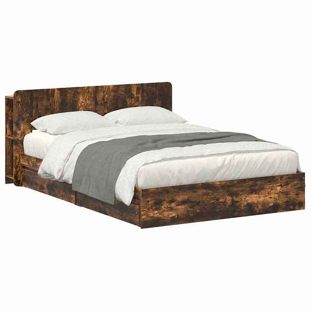 vidaXL Rám postele s úložným prostorem s čelo Kouřový dub 135 x 190 cm