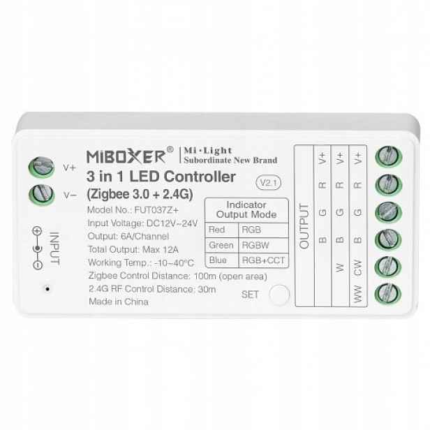 Led ovladač 3v1 MiBoxer FUT037Z+ Rgb Rgbw Rgb+cct Zigbee 3.0 2.4GHz 12A