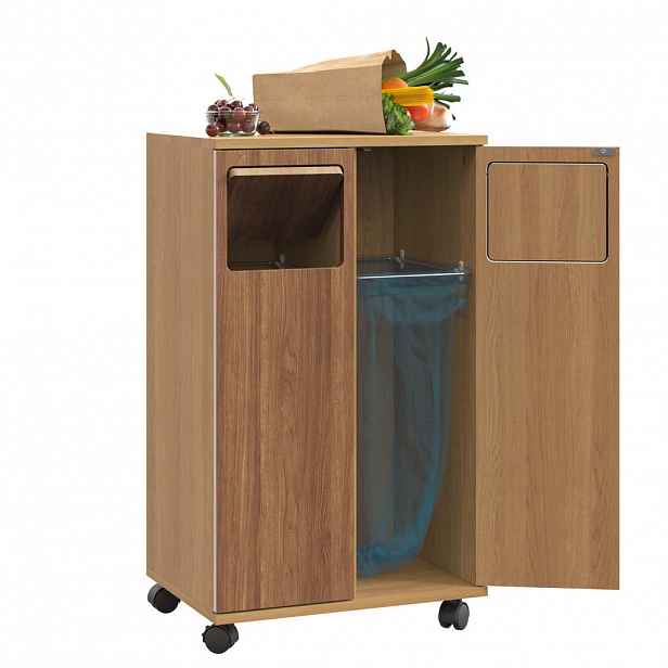 Modfu ODPADKOVÁ skříňka z MDF 46,7x80x35 cm přírodní na kolečkách se 2 dvířky a 2 přihrádkami v dekoru dubu