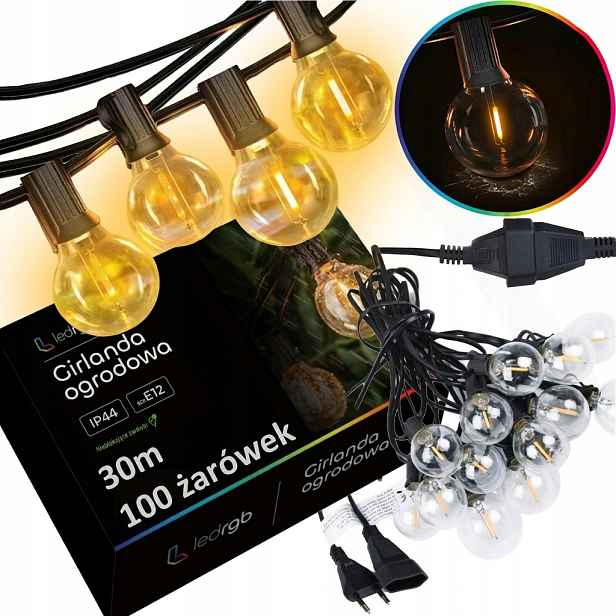 Zahradní světelná girlanda 30M 100 x Led žárovka E12 Vodotěsný kabel