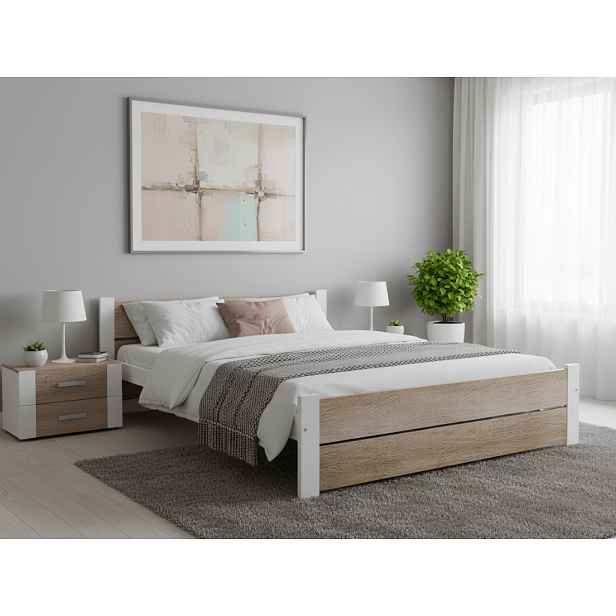 Postel IKAROS DOUBLE 180 x 200 cm, bílá/dub sonoma Rošt: S lamelovým roštem, Matrace: Bez matrace
