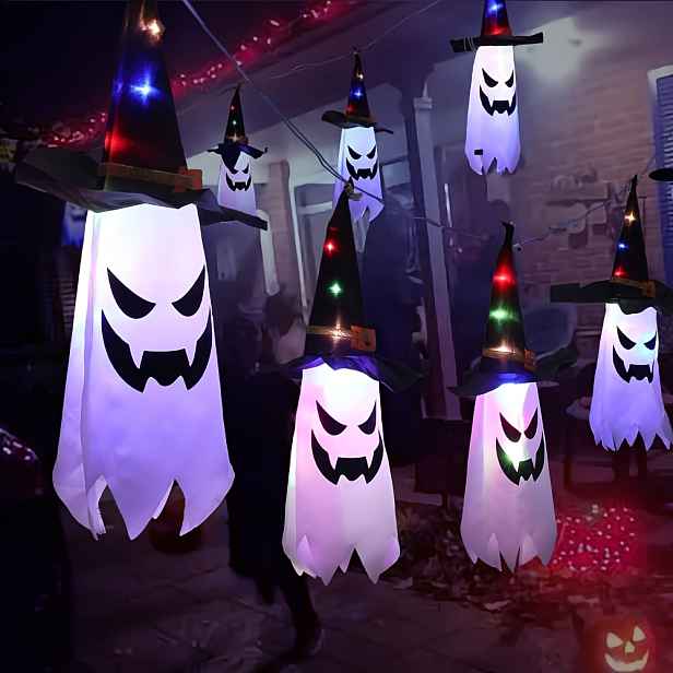 TEMU 5 ks Halloween zavěšených světel s ducha a čarodějnického klobouku, barevné LED osvětlené dekorace ducha, halloweenská dekorace na baterie pro