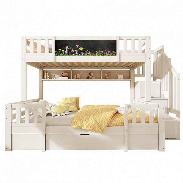 Redom PALANDA 253/145/150 cm s tabulí, úložným schodištěm a zásuvkami, masivní dřevo/MDF, Bílá