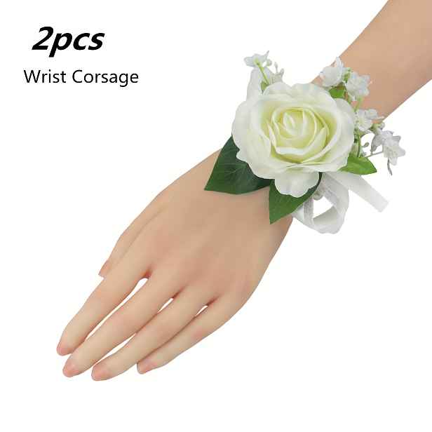 TEMU 2ks/Sada Elegantní Bílý Růže Zápěstní Korsáž a Sada Kytice, Umělá Růže Baby's Breath, Perfektní pro Ženíhodu Svatební Dekorace, Květina na