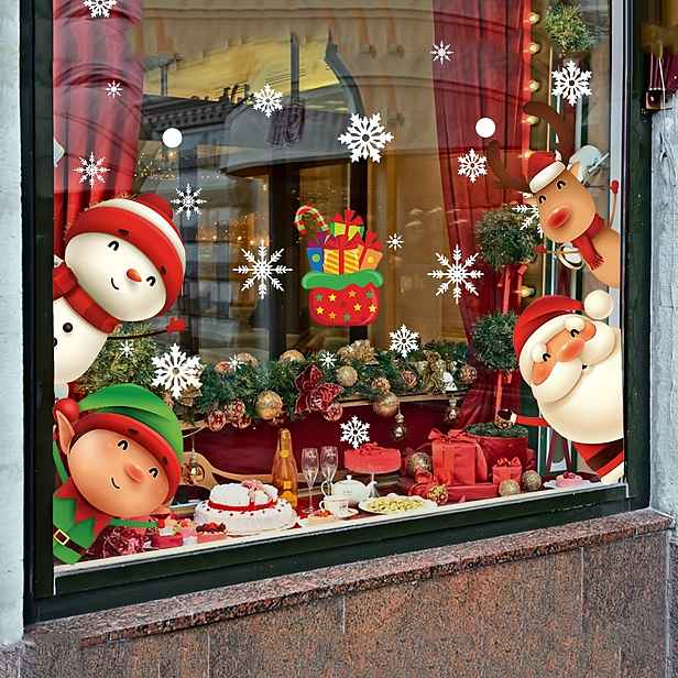 TEMU 82ks Vánočních Samolepek na Okna - Vzory Santa , Sobů, Sněhuláka a Sněhové Vločky, Oboustranné PVC Skleněné Samolepky, Bez Zbytků, Sváteční
