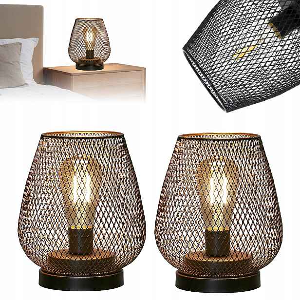 Sada 2 Stolních Lamp Z Kovu, 15 X 17 CM, Noční Lampy Ve Tvaru Klece