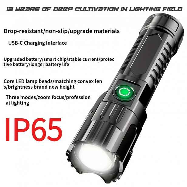 TEMU LED Superjasná Svítilna se 3 Nastavitelnými Režimy, USB Dobíjecí s Indikátorem Baterie, s Funkcí Zoomu. Přenosná Kempingová Svítilna Vhodná pro