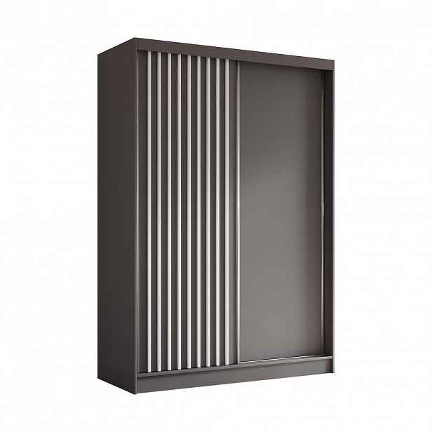 ALTDECOR ŠATNÍ SKŘÍŇ s dýhovanými posuvnými dveřmi a hliníkovými lamelami, LED osvětlení – LABELO – 150 cm šedá+šedá+bílá