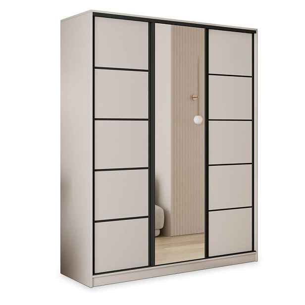MASSENO ŠATNÍ SKŘÍŇ S POSUVNÝMI DVEŘMI PINA, 150/205/58 cm 3dveřová se zrcadlem a zásuvkami, kašmírová