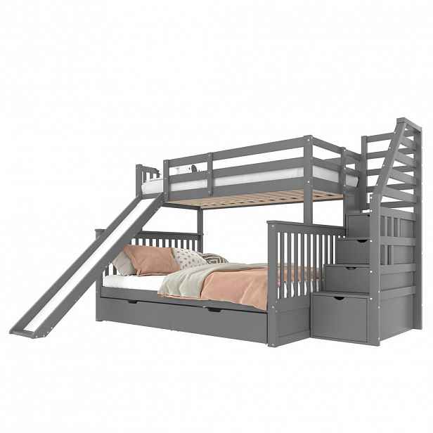 OKWISH PATROVÁ postel 90/200 cm šedá se zásuvkami a výsuvem z borovicového dřeva
