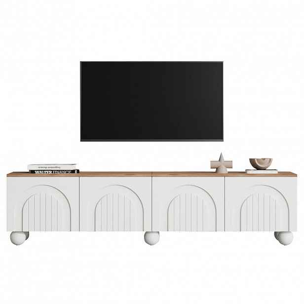 Redom TV stolek 180/40/45 cm s úložným prostorem, 4 dvířky a 6 kovovými nohami, Bílá a dub