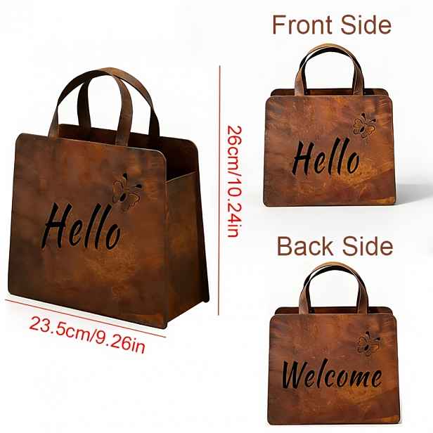 TEMU 1ks Vintage Železná Kabelka Zahradní s Nápisem Hello & Welcome, Elegantní Zahradní z Rezavého Železa, Mini Květinový Box, Perfektní Dárek k