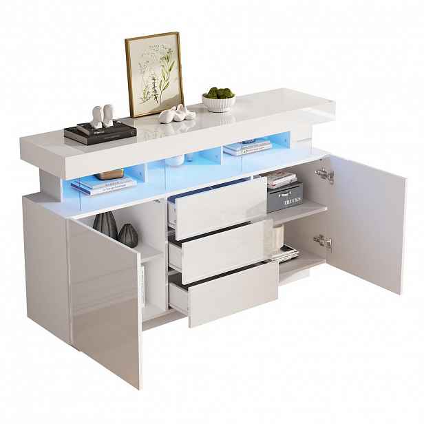 OKWISH BOČNÍ skříň 140/35/80 cm bílá z dřevotřísky a akrylu s LED osvětlením
