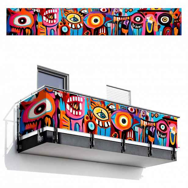 MuchoWow BALKONOVÁ ZÁSTĚNA Abstraktní - Obličej - Barevné 500x80 cm