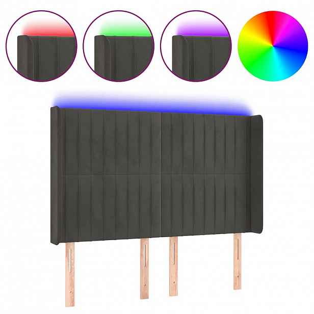 vidaXL Čelo postele s LED tmavě šedé 147 x 16 x 118/128 cm samet