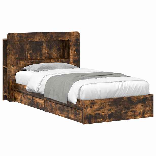 vidaXL Rám postele s úložným prostorem s čelo Kouřový dub 90 x 190 cm