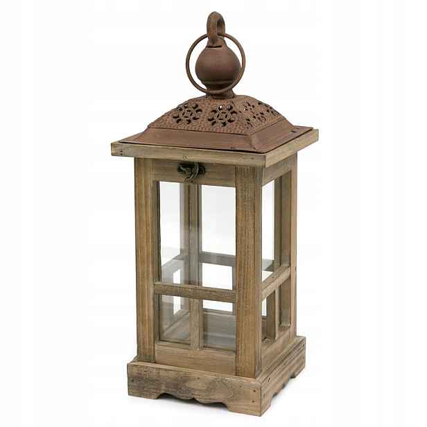Lampion hnědý dřevěný kovový v. 40 cm s držadlem retro