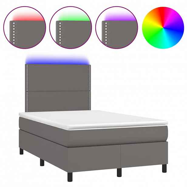 vidaXL Box spring postel s matrací a LED šedá 120 x 190 cm umělá kůže