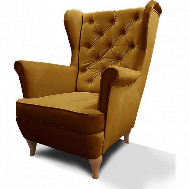 Beautysofa KŘESLO Chesterfield Falco žluté s dřevěnými nohami