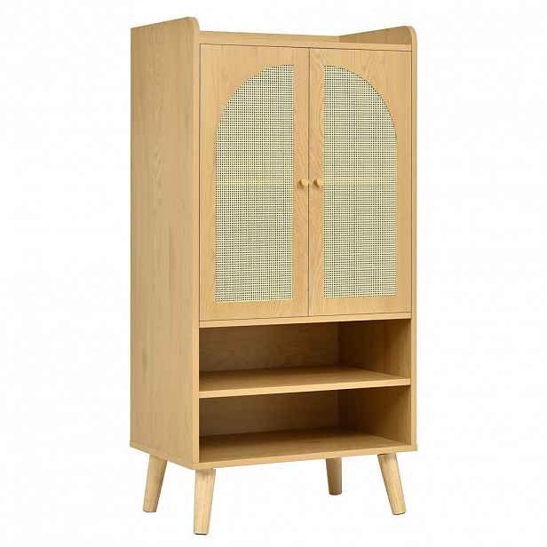 Urban Meuble REGÁL NA BOTY 60 cm přírodní dřevo s ratanovými dvířky s otevřenými přihrádkami v boho stylu