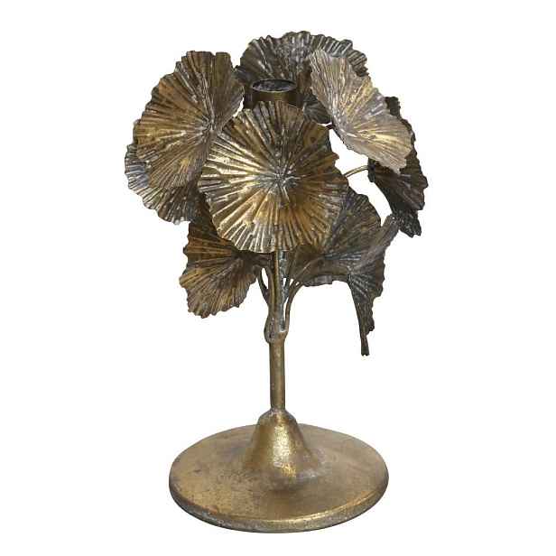 Bronzový antik kovový svícen zdobený květy Flower - Ø 18*24cm Chic Antique