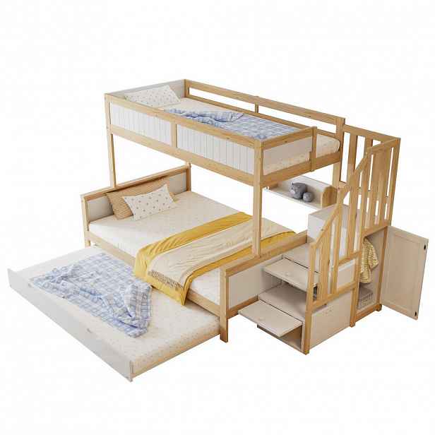 Redom PALANDA 252/128,5/148 cm s přistýlkou, úložným schodištěm a skříní, Bílá a přírodní