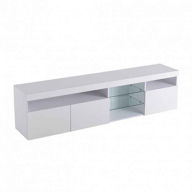 Redom TV stolek 180/35/48 cm s variabilním LED osvětlením, lesklými dvířky a skleněným laminem, Bílá